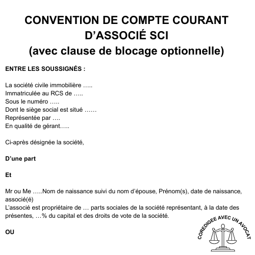 Convention de compte courant d'associé SCI avec clause de blocage optionnelle